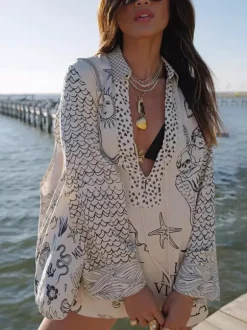 Satin Print Pajama Set For Women - Coastal Graphic V-Neck Long Sleeve Shirt And Shorts - Summer Cruise Party 2026