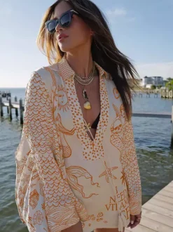 Satin Print Pajama Set For Women - Coastal Graphic V-Neck Long Sleeve Shirt And Shorts - Summer Cruise Party 2026