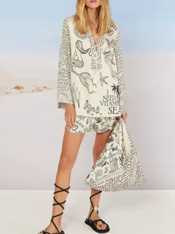 Satin Print Pajama Set For Women - Coastal Graphic V-Neck Long Sleeve Shirt And Shorts - Summer Cruise Party 2026