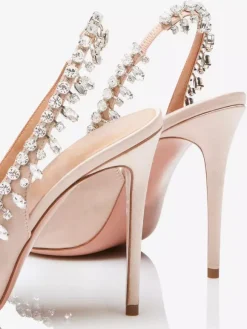 Satin Slingback Pumps Peep Toe Rhinestones High Heel Party Shoes