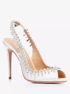 Satin Slingback Pumps Peep Toe Rhinestones High Heel Party Shoes