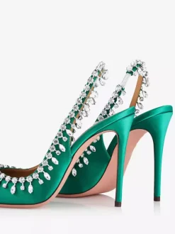 Satin Slingback Pumps Peep Toe Rhinestones High Heel Party Shoes