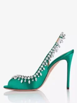 Satin Slingback Pumps Peep Toe Rhinestones High Heel Party Shoes