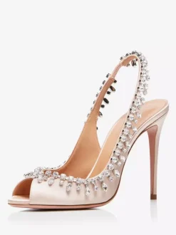 Satin Slingback Pumps Peep Toe Rhinestones High Heel Party Shoes