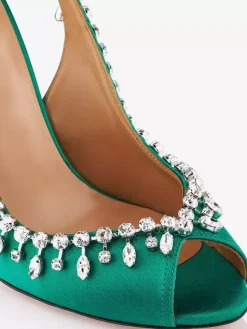 Satin Slingback Pumps Peep Toe Rhinestones High Heel Party Shoes