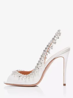 Satin Slingback Pumps Peep Toe Rhinestones High Heel Party Shoes