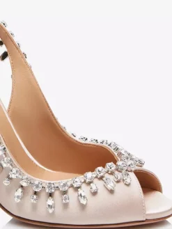 Satin Slingback Pumps Peep Toe Rhinestones High Heel Party Shoes