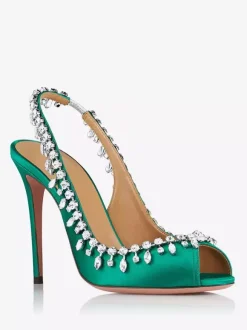 Satin Slingback Pumps Peep Toe Rhinestones High Heel Party Shoes
