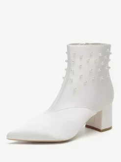Satin Wedding Booties Pointed Toe Pearls Chunky Heel Bridal Shoes