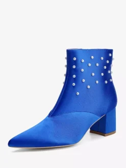 Satin Wedding Booties Pointed Toe Pearls Chunky Heel Bridal Shoes