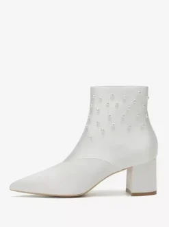 Satin Wedding Booties Pointed Toe Pearls Chunky Heel Bridal Shoes