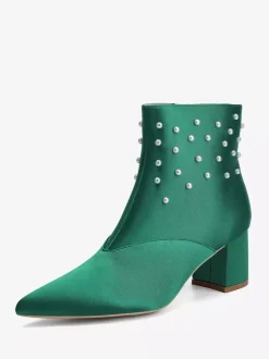 Satin Wedding Booties Pointed Toe Pearls Chunky Heel Bridal Shoes