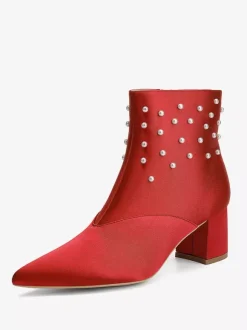 Satin Wedding Booties Pointed Toe Pearls Chunky Heel Bridal Shoes