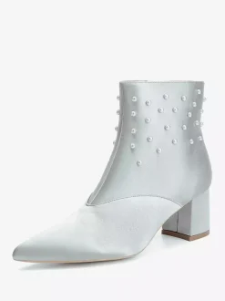 Satin Wedding Booties Pointed Toe Pearls Chunky Heel Bridal Shoes