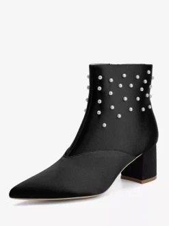 Satin Wedding Booties Pointed Toe Pearls Chunky Heel Bridal Shoes