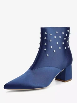 Satin Wedding Booties Pointed Toe Pearls Chunky Heel Bridal Shoes