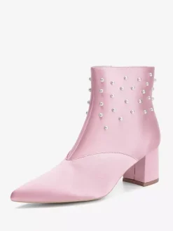 Satin Wedding Booties Pointed Toe Pearls Chunky Heel Bridal Shoes