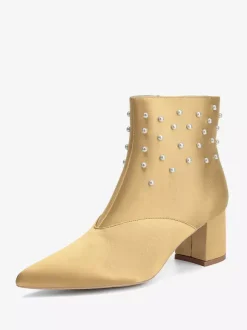 Satin Wedding Booties Pointed Toe Pearls Chunky Heel Bridal Shoes