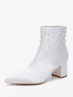 Satin Wedding Booties Pointed Toe Pearls Chunky Heel Bridal Shoes
