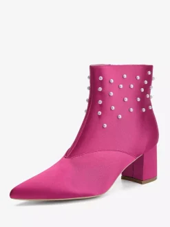 Satin Wedding Booties Pointed Toe Pearls Chunky Heel Bridal Shoes