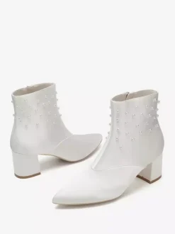 Satin Wedding Booties Pointed Toe Pearls Chunky Heel Bridal Shoes