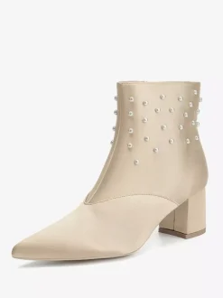 Satin Wedding Booties Pointed Toe Pearls Chunky Heel Bridal Shoes