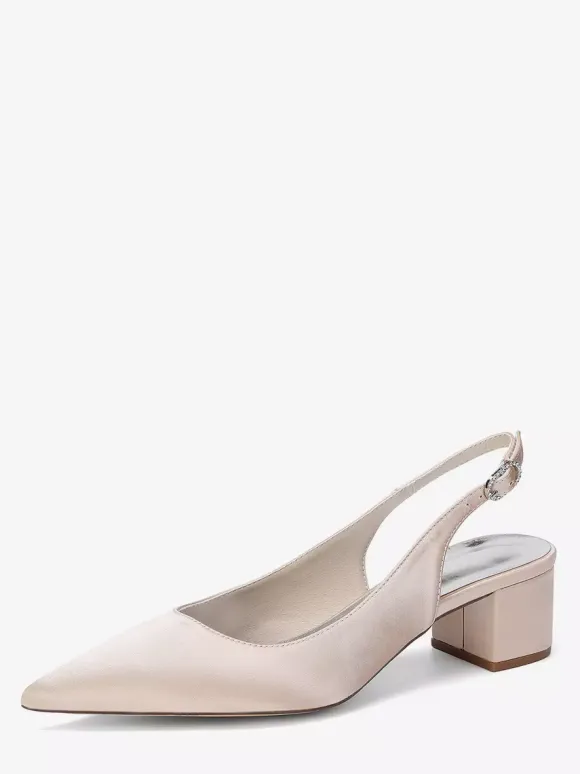 Satin Wedding Shoes Chunky Heel Pointed Toe Slingback Pumps
