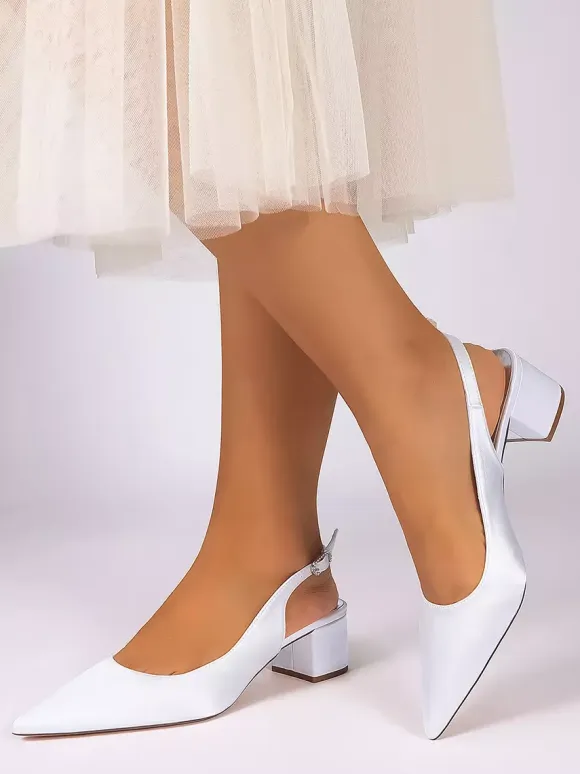 Satin Wedding Shoes Chunky Heel Pointed Toe Slingback Pumps