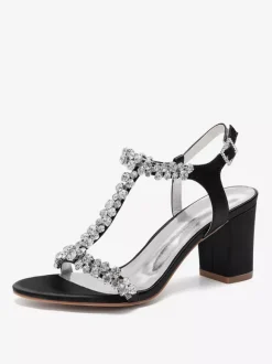 Satin Wedding Shoes Chunky Heel Rhinestones T Strap Bridal Party Shoes