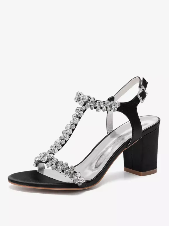 Satin Wedding Shoes Chunky Heel Rhinestones T Strap Bridal Party Shoes
