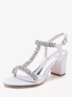 Satin Wedding Shoes Chunky Heel Rhinestones T Strap Bridal Party Shoes