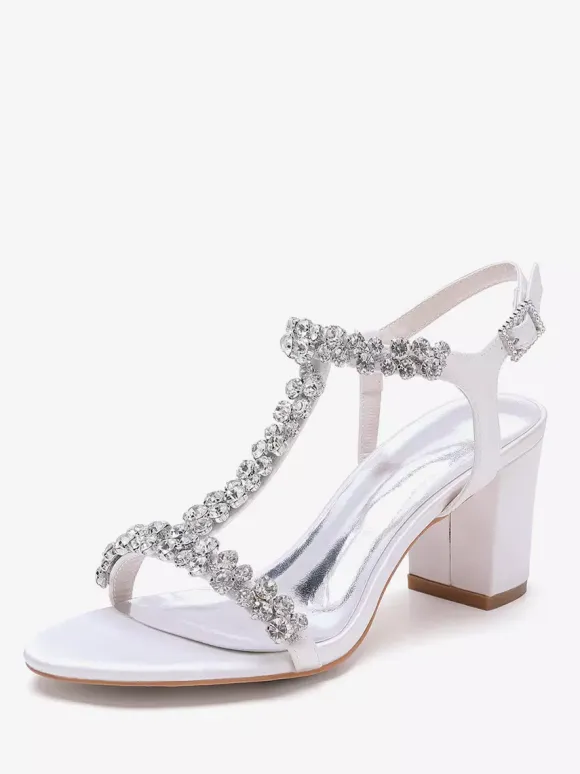 Satin Wedding Shoes Chunky Heel Rhinestones T Strap Bridal Party Shoes