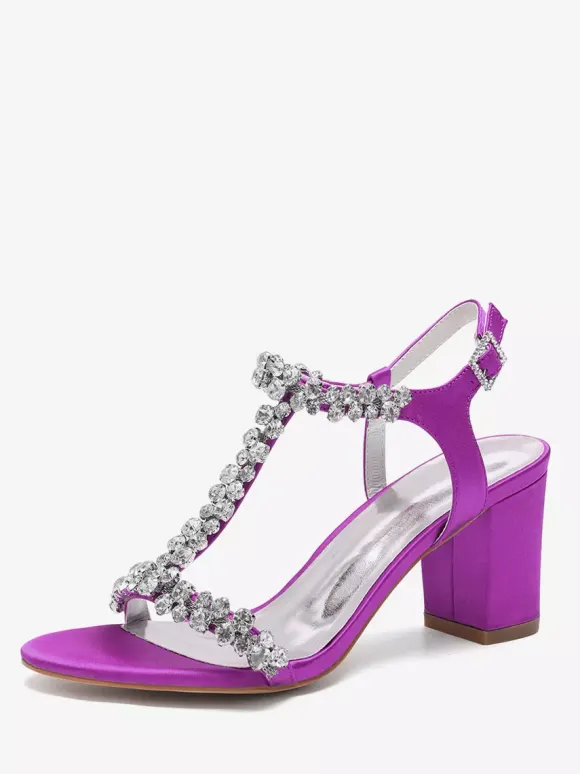 Satin Wedding Shoes Chunky Heel Rhinestones T Strap Bridal Party Shoes
