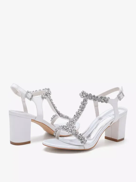 Satin Wedding Shoes Chunky Heel Rhinestones T Strap Bridal Party Shoes