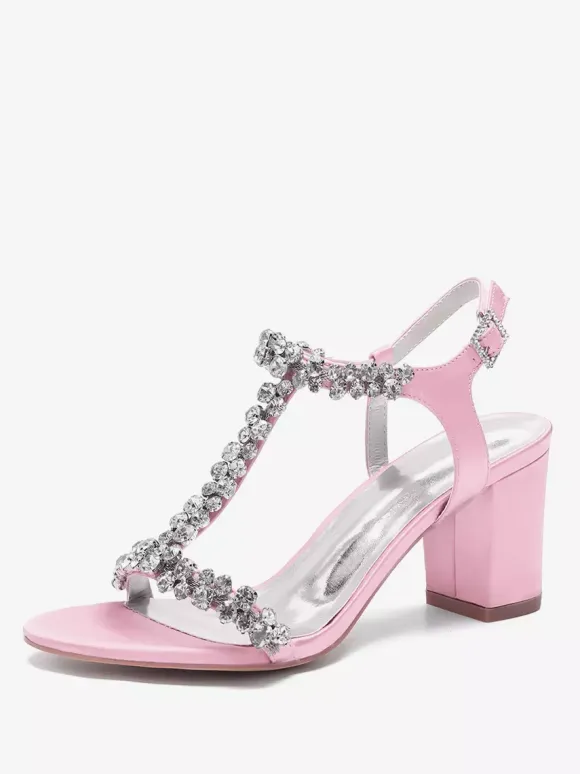 Satin Wedding Shoes Chunky Heel Rhinestones T Strap Bridal Party Shoes