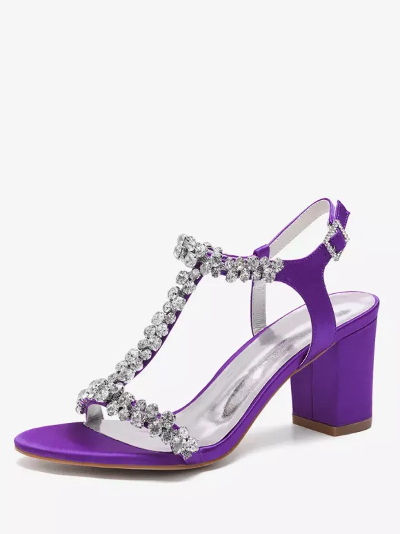 Satin Wedding Shoes Chunky Heel Rhinestones T Strap Bridal Party Shoes
