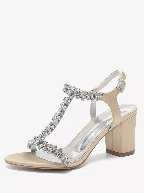 Satin Wedding Shoes Chunky Heel Rhinestones T Strap Bridal Party Shoes
