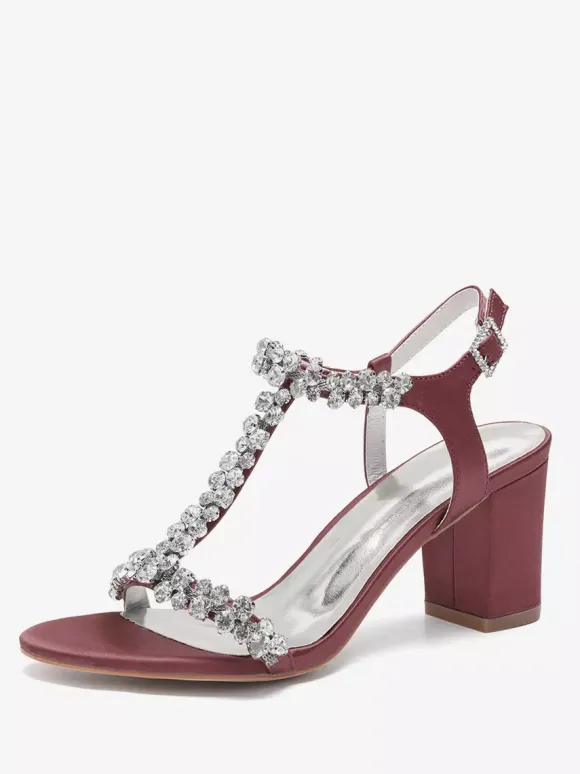 Satin Wedding Shoes Chunky Heel Rhinestones T Strap Bridal Party Shoes