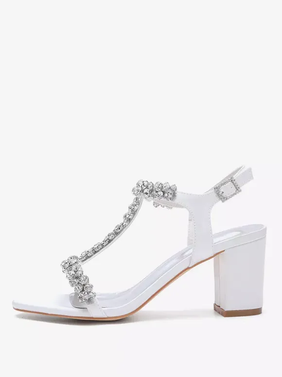 Satin Wedding Shoes Chunky Heel Rhinestones T Strap Bridal Party Shoes