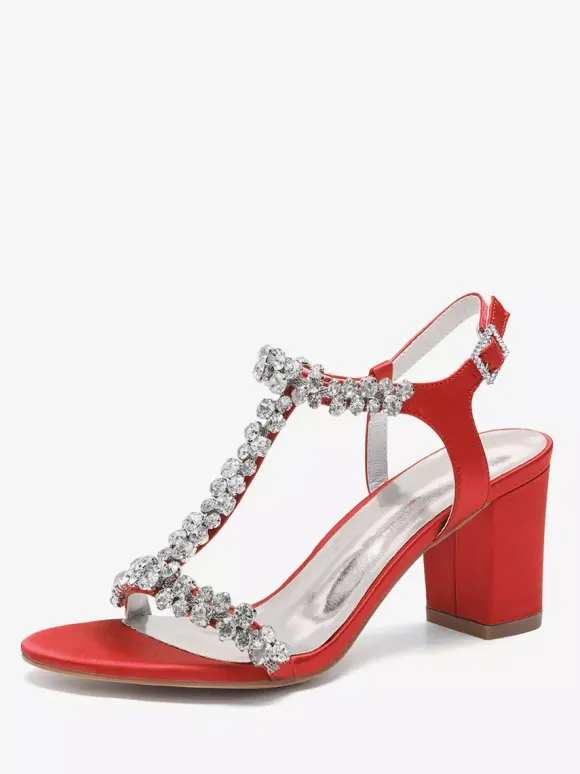 Satin Wedding Shoes Chunky Heel Rhinestones T Strap Bridal Party Shoes