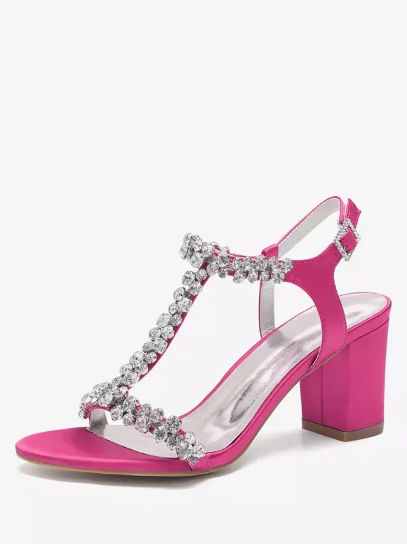 Satin Wedding Shoes Chunky Heel Rhinestones T Strap Bridal Party Shoes