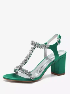 Satin Wedding Shoes Chunky Heel Rhinestones T Strap Bridal Party Shoes