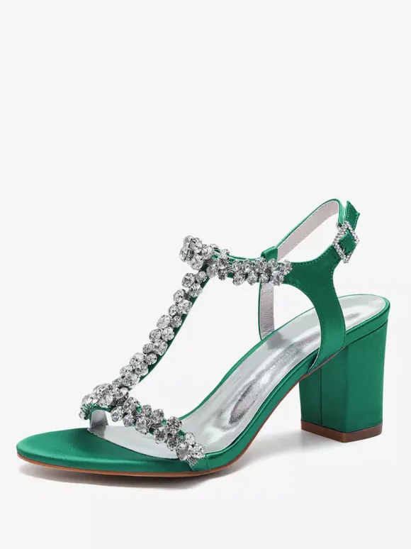 Satin Wedding Shoes Chunky Heel Rhinestones T Strap Bridal Party Shoes