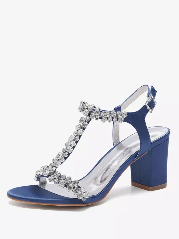 Satin Wedding Shoes Chunky Heel Rhinestones T Strap Bridal Party Shoes