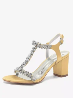 Satin Wedding Shoes Chunky Heel Rhinestones T Strap Bridal Party Shoes