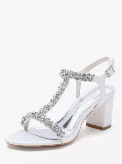 Satin Wedding Shoes Chunky Heel Rhinestones T Strap Bridal Party Shoes