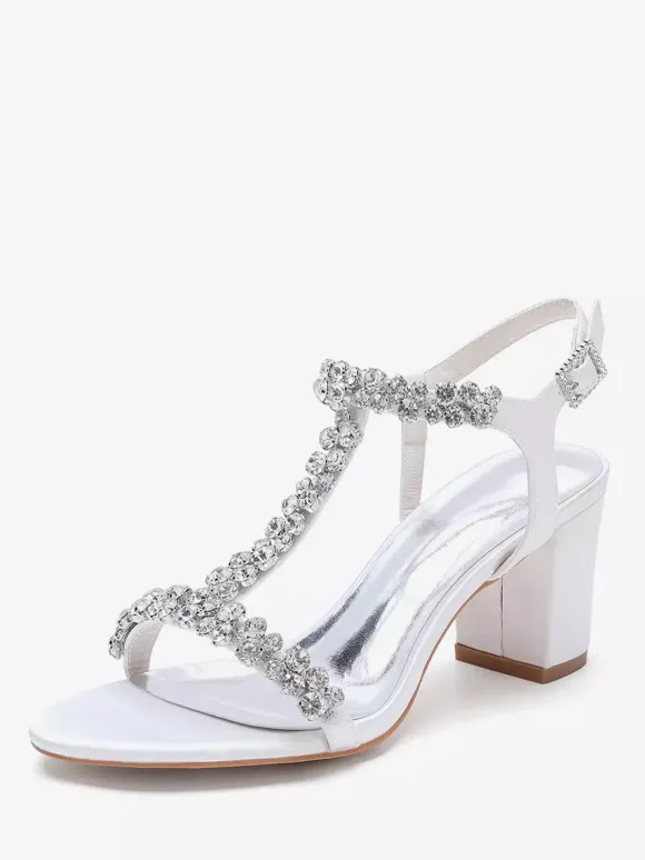 Satin Wedding Shoes Chunky Heel Rhinestones T Strap Bridal Party Shoes