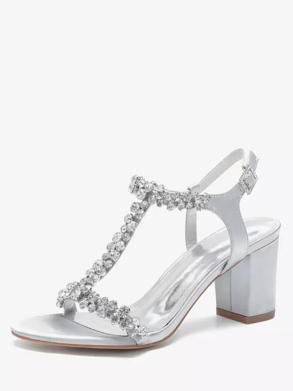 Satin Wedding Shoes Chunky Heel Rhinestones T Strap Bridal Party Shoes
