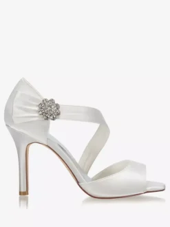 Satin Wedding Shoes Ivory Open Toe Rhinestones High Heel Bridal Shoes