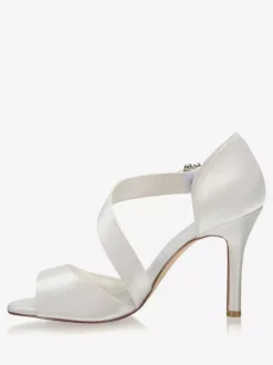 Satin Wedding Shoes Ivory Open Toe Rhinestones High Heel Bridal Shoes